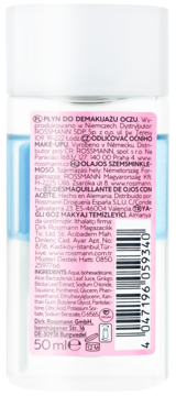 Tył butelki Isana 2-fazowego płynu do demakijażu oczu 50ml. Różowa etykieta z Aloe Vera i składnikami.