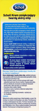 Tył żółto-niebieskiego opakowania Scholl Kremu zmiękczającego twardą skórę stóp, widoczne informacje.
