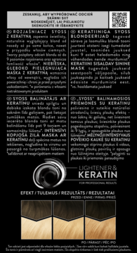 Tył opakowania rozjaśniacza Syoss z keratyną i maską. Widoczne opisy w kilku językach i próbki koloru.