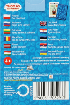 Tył niebieskiego opakowania gry karcianej Thomas & Friends Piotruś/Old Maid, z wiekiem 4+, kodem kreskowym i listą języków.