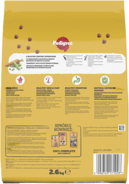 PEDIGREE® Adult Mini sucha karma, tył żółtej torby 2.6kg z grafikami marchewki i groszku, opisy korzyści.