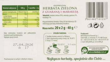 BIFIX ,herbata zielona, ekspresowa, Guarana z marakują,tył