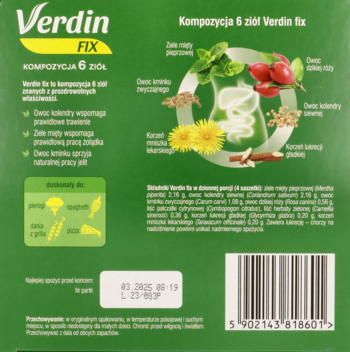 Tył zielonego opakowania Verdin Fix, z ilustracją 6 ziół i opisem ich właściwości wspierających trawienie.