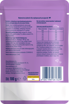 Tył fioletowej saszetki karmy Winston dla kota, cielęcina w galarecie, skład, dawkowanie i barcode.