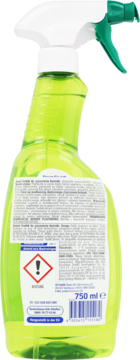 Domol Ekologiczny płyn do łazienek, tył zielonej butelki z rozpylaczem, etykieta 750 ml i ostrzeżenie.