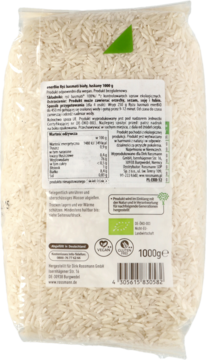 Tył przezroczystego opakowania ryżu basmati enerBio 1kg, z białym ryżem i etykietami produktowymi.