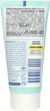 Tył błękitnej tubki ISANA Antyperspirant w kremie 50ml, widoczne składniki, opis i symbole recyklingu.