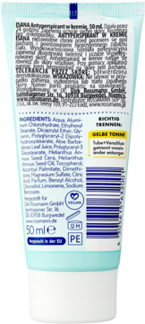Tył turkusowej tubki ISANA Antyperspirant w kremie 50ml. Biała nakrętka, widoczne składniki, symbol Vegan.