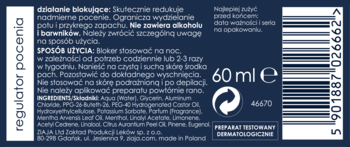 Tył opakowania Ziaja Yego Bloker, regulator pocenia 60ml, ciemnoniebieska etykieta z tekstem, bez alkoholu i barwników.