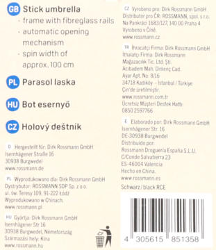 Białe opakowanie parasola automatycznego, z tekstem o cechach, informacjami producenta i kodem kreskowym.