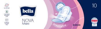 Opakowanie Bella NOVA Maxi: biało-niebieskie, podpaski wydłużone, oddychające, extra soft, z osłonkami bocznymi.