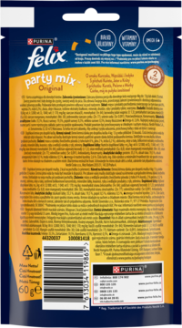 Tył żółto-niebieskiego opakowania Felix Party Mix Original ze składem, smakiem kurczaka, wątróbki, indyka, i kodem kreskowym.