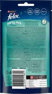 Tył granatowo-turkusowego opakowania przysmaków Felix Party Mix Ocean (łosoś, dorsz, pstrąg), z listą składników.