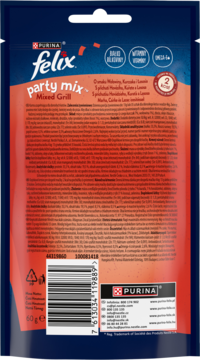 Tył opakowania przysmaków FELIX® Party Mix Mixed Grill dla kota, z listą składników i kodem kreskowym.