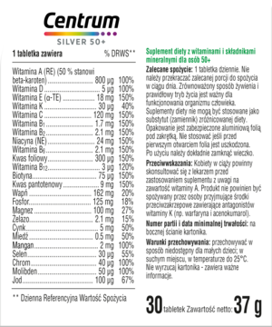 Ulotka Centrum Silver 50+, biało-zielona, z tabelą witamin i minerałów oraz opisem korzyści dla osób 50+.