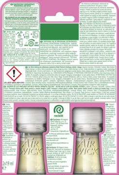Tył opakowania Air Wick 2x wkład do elektrycznego odświeżacza powietrza, Białe Kwiaty, różowo-zielone, z instrukcją.