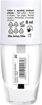 Tył butelki ciemnego lakieru do paznokci Wibo Classic nr 20 (8ml). Etykiety z kodem i opisem o wysokiej trwałości.