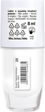 Biały lakier do paznokci Wibo 8ml, widok z tyłu butelki z etykietami: napisy, kody recyklingu, kod kreskowy 25.