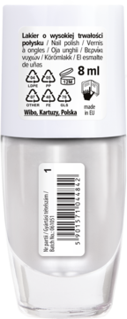 Biały lakier do paznokci Wibo 8ml w przezroczystej butelce, widok z tyłu z etykietą i kodem kreskowym.