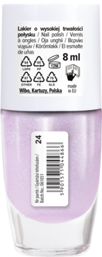 Tył buteleczki fioletowego, brokatowego lakieru do paznokci Wibo, 8 ml, widoczne etykiety i recykling.