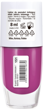 Tył fioletowego lakieru do paznokci Wibo Gloss Like Gel nr 151, imitującego efekt żelu, 8 ml. Widoczne etykiety.
