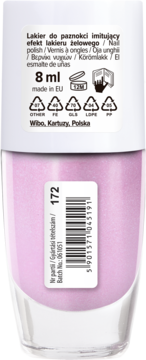 Tył różowego lakieru Wibo, imitującego żel, nr 172. Widoczna etykieta z kodem kreskowym, objętością 8 ml.
