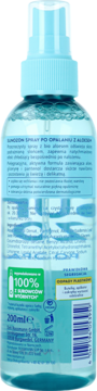 Tył przezroczystej butelki sprayu po opalaniu z aloesem 200ml, jasnoniebieska pompka, widoczna etykieta z polskim tekstem.