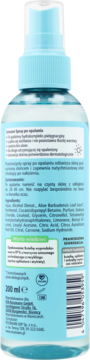 Tył błękitnego sprayu po opalaniu z aloesem, etykieta z listą składników i kodem kreskowym, objętość 200ml.