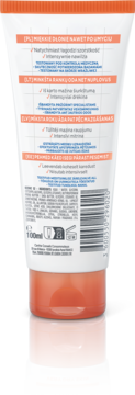 Tył białej tubki kremu do rąk i paznokci Mixa Shea Nourish 100ml, z pomarańczową zakrętką i kodem kreskowym.