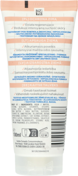 Biała tubka kremu Mixa Allantoin Restore 100ml, tył z kodem i opisami w wielu językach.