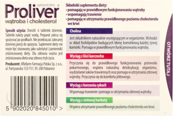 Tył opakowania Proliver Wątroba i Cholesterol, suplement diety, biało-fioletowe pudełko z listą składników i kodem kreskowym.