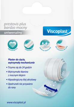 Viscoplast Prestovis Plus bardzo mocny plaster, biało-niebieskie opakowanie, z rozwiniętą rolką do cięcia 60mm. Hipoalergiczny, trwały.