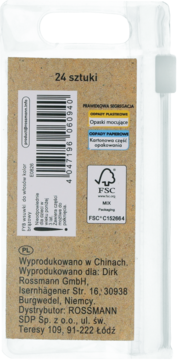 Tył kartonowego opakowania 24 brązowych wsuwek do włosów Rossmann, z kodem kreskowym i danymi producenta.