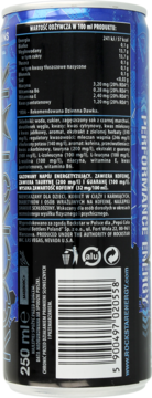 Tył puszki napoju Rockstar Performance Energy 250ml, niebiesko-czarna, z etykietą składu i kodem kreskowym.