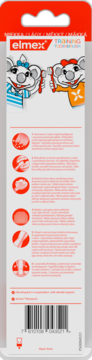 Tył białego opakowania szczoteczki elmex Training Toothbrush 0-3 lata, z opisem cech i kodem EAN.
