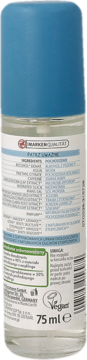 Tylna strona przezroczystego dezodorantu Alterra roll-on 75ml z niebieskim korkiem, widoczny napis Vegan i lista składników.