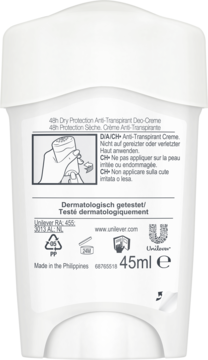 Tył białego opakowania Rexona 48h Dry Protection Deo-Creme 45ml z instrukcją i informacjami.