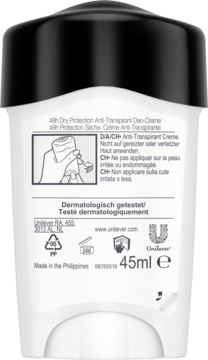 Tył opakowania męskiego antyperspirantu Rexona Men 48h w białym sztyfcie 45ml z czarną nakrętką i etykietą z instrukcjami.
