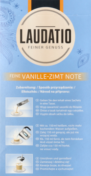 Bok opakowania Laudatio Feiner Genuss Chai Latte waniliowo-cynamonowy, z ilustrowaną instrukcją przygotowania.