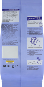 Tylna strona fioletowej torebki kawy latte macchiato, z opisem przygotowania i wagą 400g.