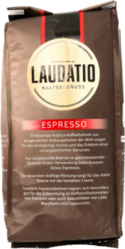 Brązowa torebka kawy ziarnistej Laudatio Espresso, z okrągłym złotym logo i czerwonym paskiem, widok z przodu.