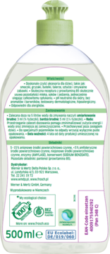 Frosch płyn do naczyń dla dzieci, tył białej butelki z zieloną nakrętką, widoczne szczegółowe etykiety z certyfikatami.