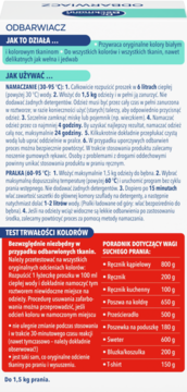 Pionowa etykieta odbarwiacza Dr. Beckmann Original z polskimi instrukcjami i tabelą wag suchych ubrań.