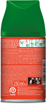 Tylna strona czerwonej puszki Air Wick Freshmatic 250 ml, zielone wieczko, widoczne piktogramy i teksty.