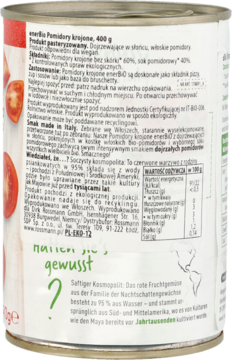 Tył puszki enerBio krojonych pomidorów 400g. Biała etykieta z opisem produktu, zielonym znakiem zapytania i mapą.
