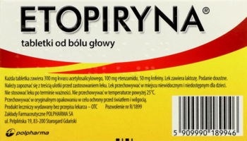 Żółto-czerwony tył opakowania leku ETOPIRYNA, tabletki od bólu głowy, z widocznym kodem kreskowym.