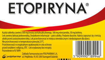 Tył żółtego opakowania leku ETOPIRYNA, tabletki na ból głowy. Opis składu, producenta Polpharma, kod kreskowy.