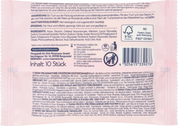 Tył różowego opakowania delikatnych chusteczek oczyszczających i rozjaśniających, z etykietami i kodem kreskowym.