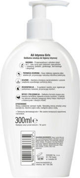 Tył białej butelki AA Intymna Girls emulsji do higieny intymnej, z polskim opisem, kodem kreskowym i 300ml.