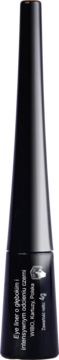 Eyeliner Wibo Deep Black w czarnej, matowej butelce, zwężającej się ku górze, z białym tekstem. Ujęcie pionowe.